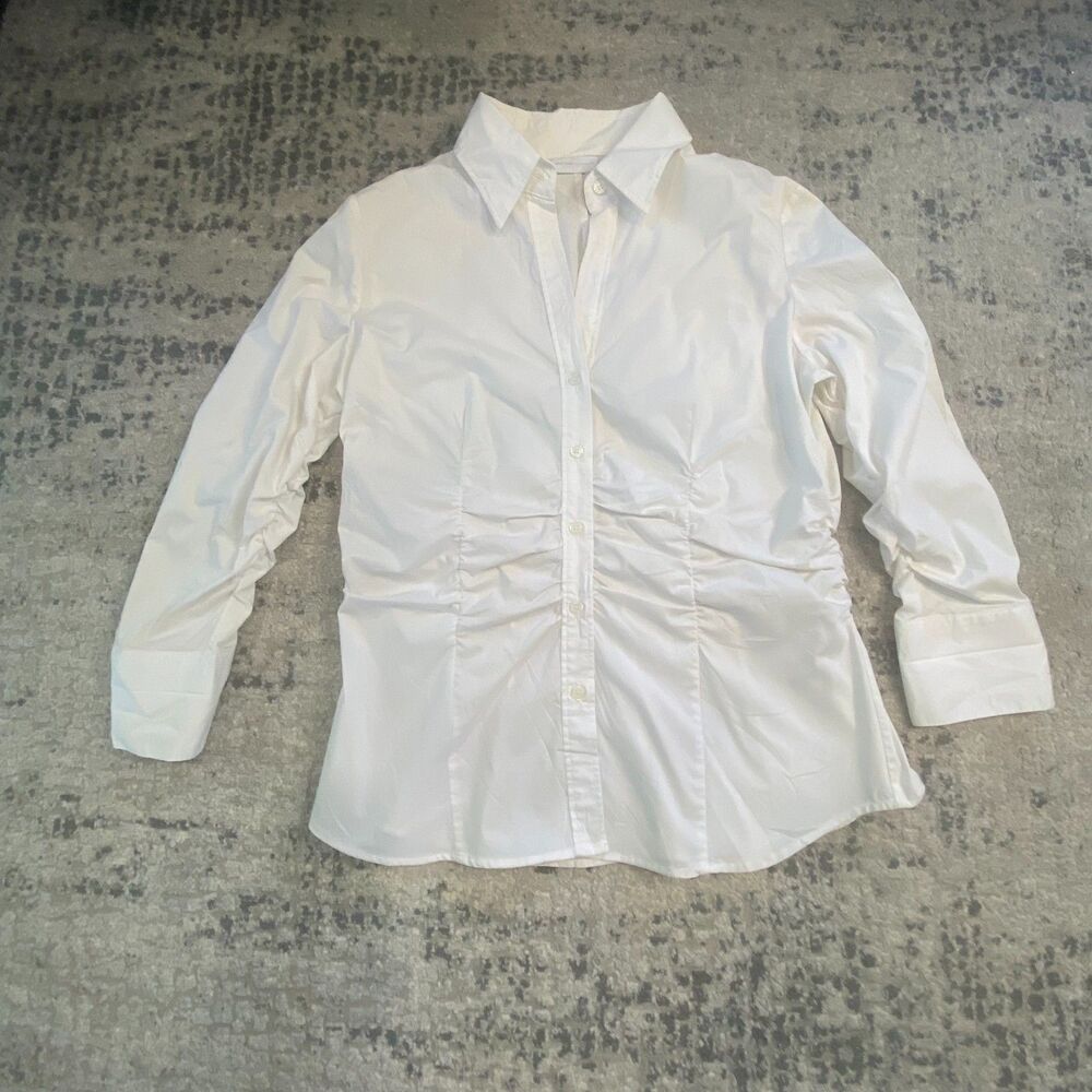 New York & Company Women L White Stretch Ruched Button Down Shirt Long Sleeve To